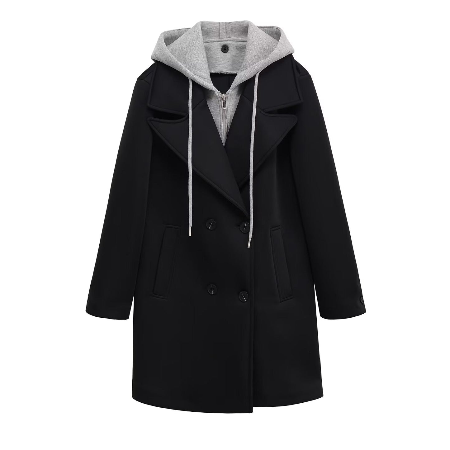 Loose double breasted detachable hooded coat for women